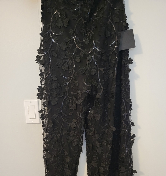Midnight Sparkle Black Mesh Embroidered Feather Bustier Jumpsuit. - Picture 4 of 7